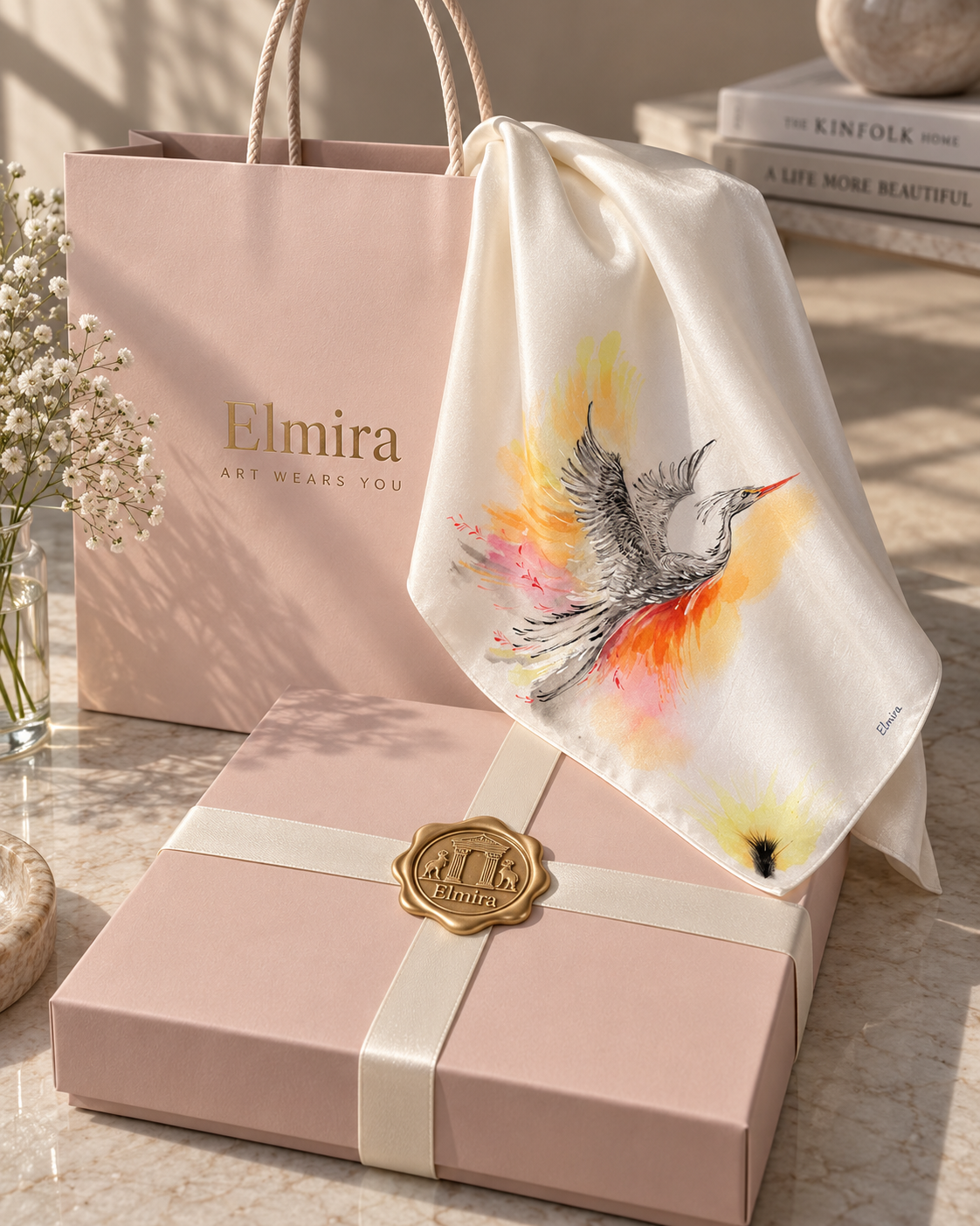 Aurelia — Hand-Painted Silk Scarf 50 × 50 cm