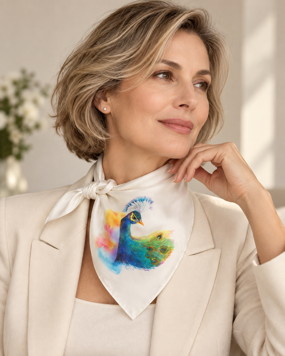 Azure Line — Hand-Painted Silk Scarf 50 × 50 cm