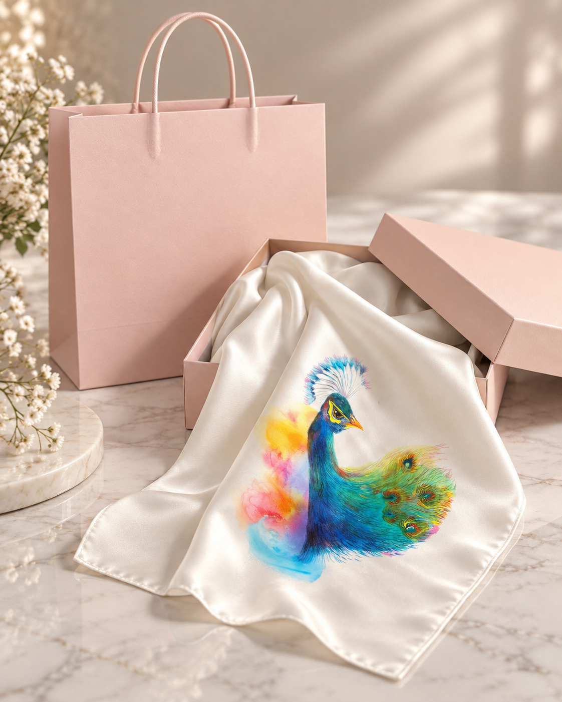 Azure Line — Hand-Painted Silk Scarf 50 × 50 cm