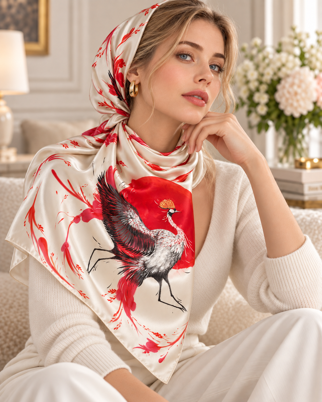 Crane — Hand-Painted Silk Scarf 90 × 90 cm